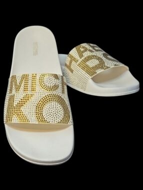 Michael Kors Gilmore Slide Sandals White And Gold Rhinestone